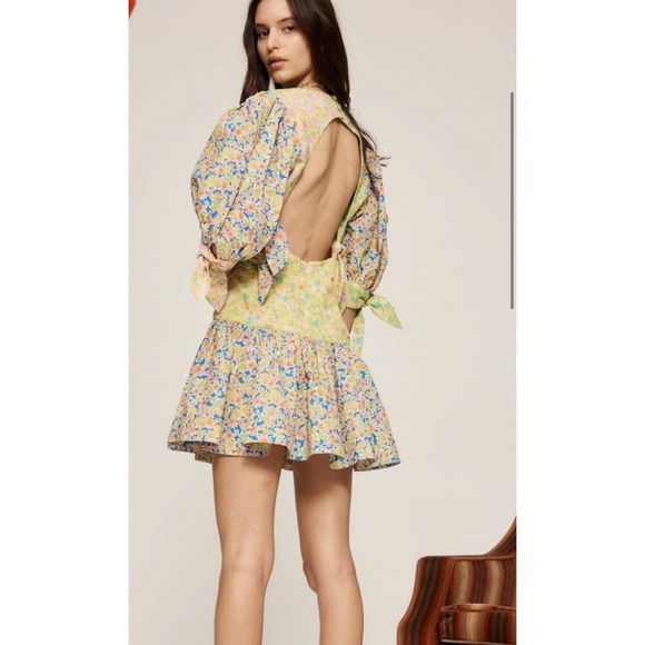 ALÉMAIS Floral Print Mini Dress Puff Sleeve Tie Cutout Backless Yellow US 10 - Picture 2 of 12
